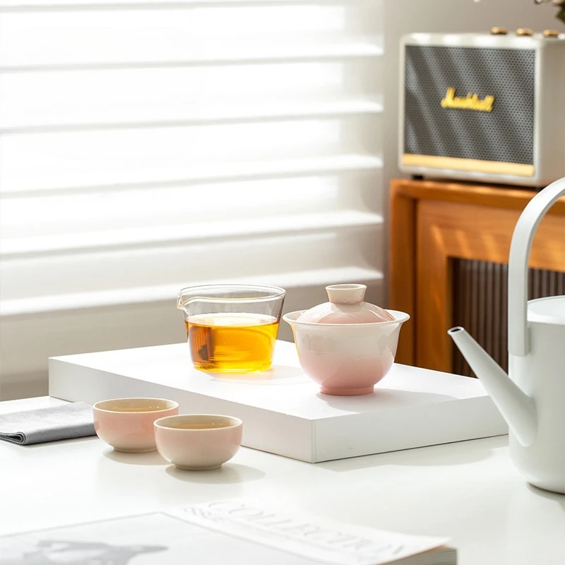 Juego de Té de Cerámica con Esmalte Degradado, Kit de Viaje Portátil de Gongfu con Bolsa, Infusión Rápida para Exteriores