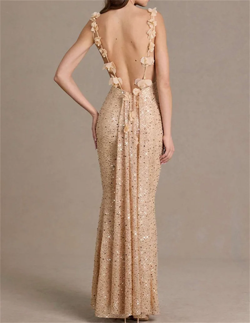 

Champagne Sequins Prom Dress Sexy Stripe Sleeveless Backless Long Sheath Party Gown Flower Formal Wedding Guest Birthday Robe