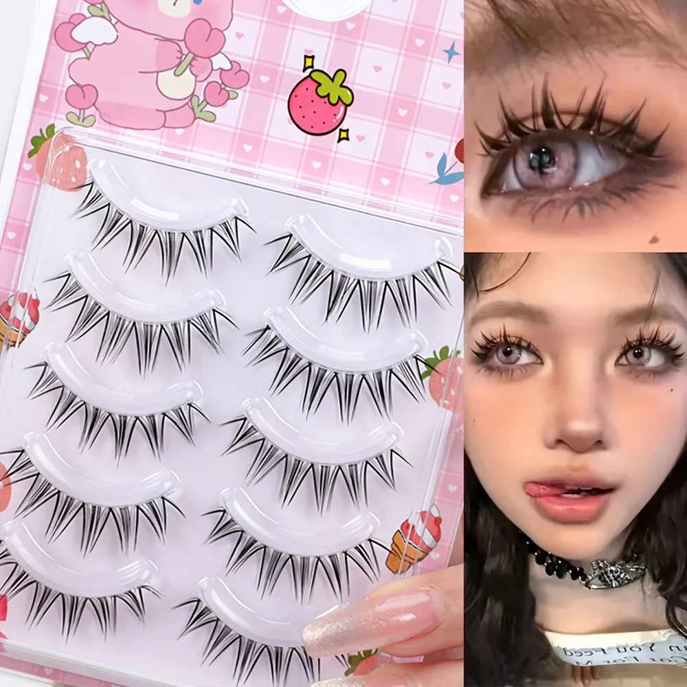 5 Pairs of Natural Looking False Eyelashes for Women's Fish Tail, 10-12mm C Curly, Transparent Stem Ultra-Fine Band, All Fairy W
