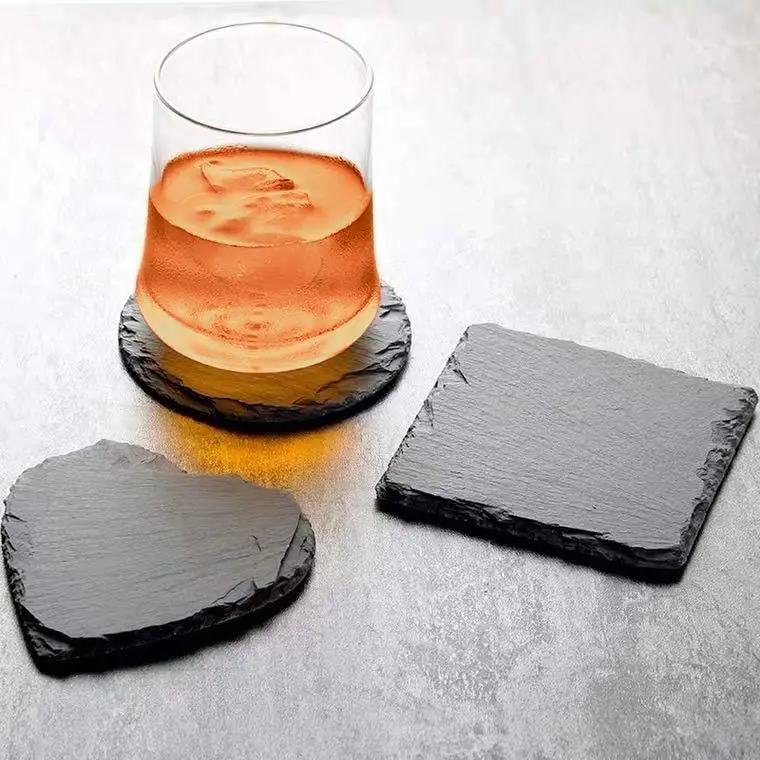 

Round Slate Coasters Heat Resistant Slate Table Protector Square Heart Black Coasters Household Kitchen Supplies