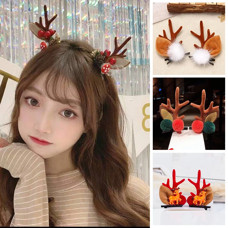 2Pcs/lot Christmas Hair Clips For Women Girls Antler Deer Ear Hairpin Hairgrips Kids New Year Barrettes Hair Accessories Jewelry