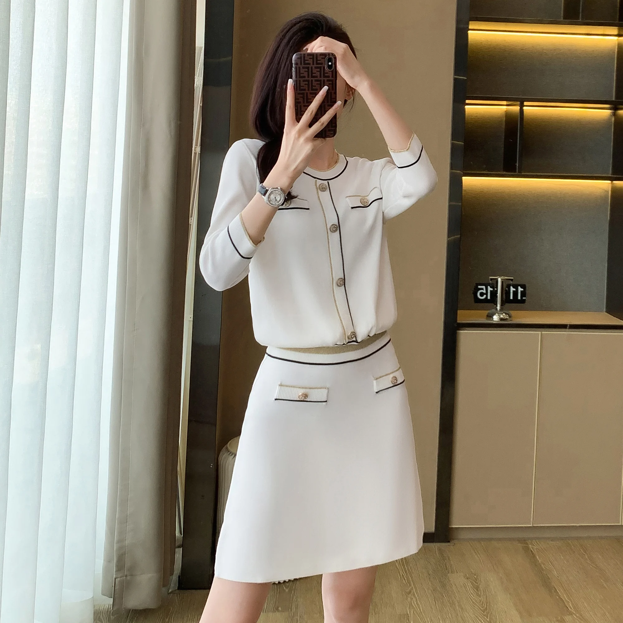 ZJYT Autumn Fashion Women\'s Sweater Skirt 2 Piece Matching Set White Outfit Elegant Casual Knitting Dress Sets Female Clothing