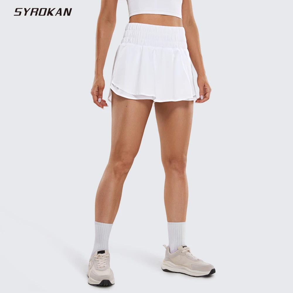 

SYROKAN Athletic Shorts for Women High Waisted Flowy Ruffle Skirt Overlay Workout Running Tennis Shorts Zip Pocket