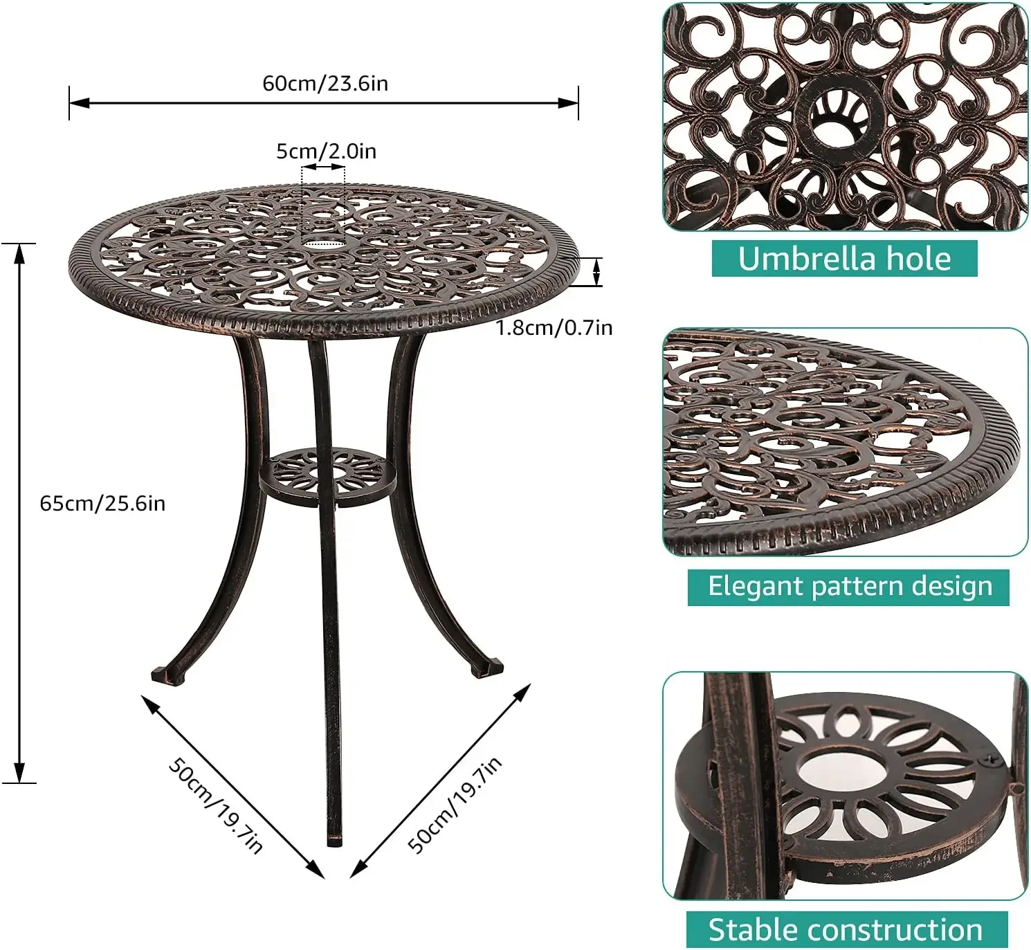 야외 비스트로 세트, 전천후 주조 알루미늄 파티오, 레트로 식탁 및 의자, 2 인치 우산 구멍, 청동, 3 개