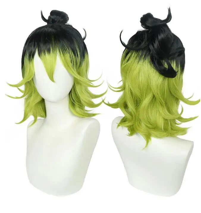 Peluca de Cosplay ondulada con flequillo para Halloween, Navidad, escuela, 14 pulgadas, longitud media, negro a verde, Ombre Flip