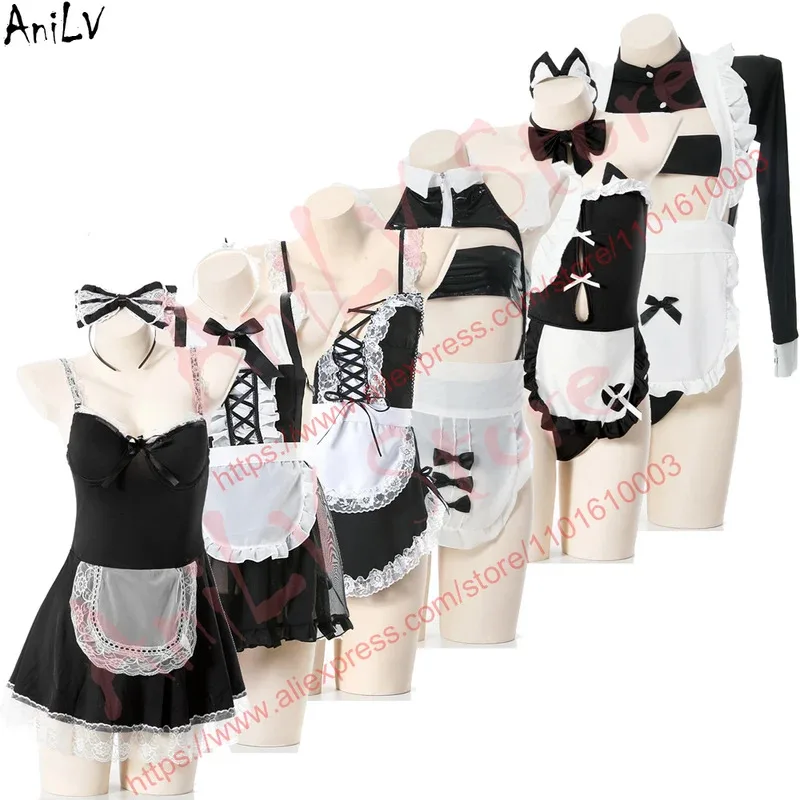 

AniLV Classic Black White Maid Uniform Series Japanese Anime Housemaid Cafe Maidservant Clothes Outfits Cosplay Costume Multiple
