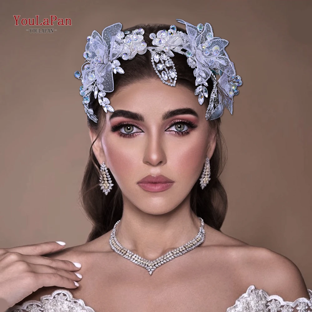 YouLaPan Silver Color Metal Rhinestone Hair Decoration Lace Flowers For Bride's Wedding Party Headwear Sparkling Hair Hoop HP712