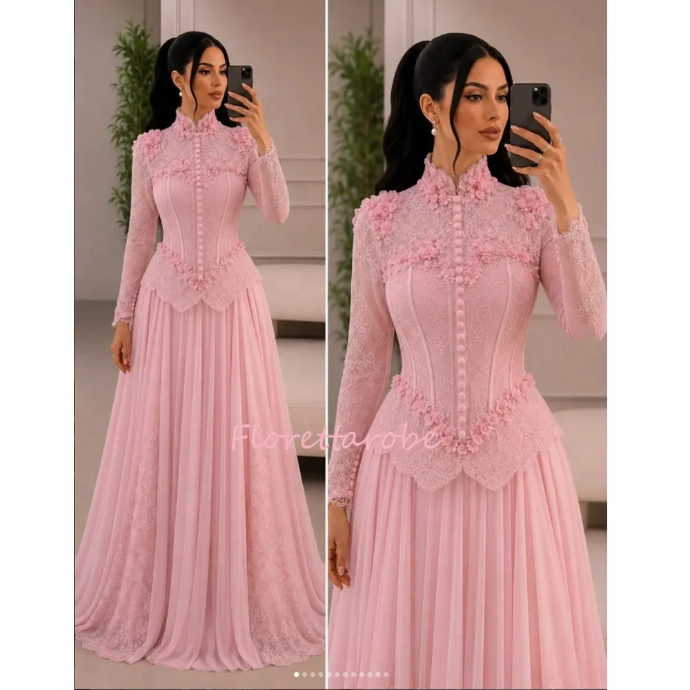 Rosafarbenes Abendkleid mit hohem Kragen, Spitze, langärmelig, Robe de Soirée für Damen, Vestido Apploqies, Chiffon, A-Linie, Ballkleid, maßgeschneidert