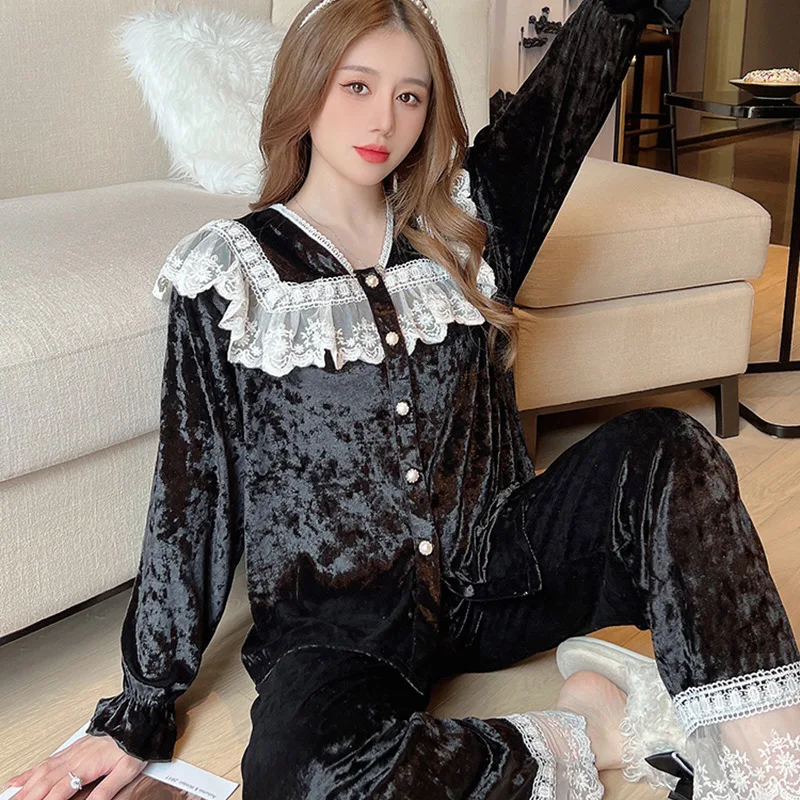 Diamond Golden Velvet Pajamas Autumn Winter Long Sleeve Sweet Princess Lace Sleepwear Set Warm Pyjamas Women Home Clothes