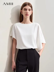 Amii minimalismo donna camicetta 2024 estate nuova semplice solido tessuto sciolto asimmetrico o-collo camicia Casual in Chiffon per signora 12422142