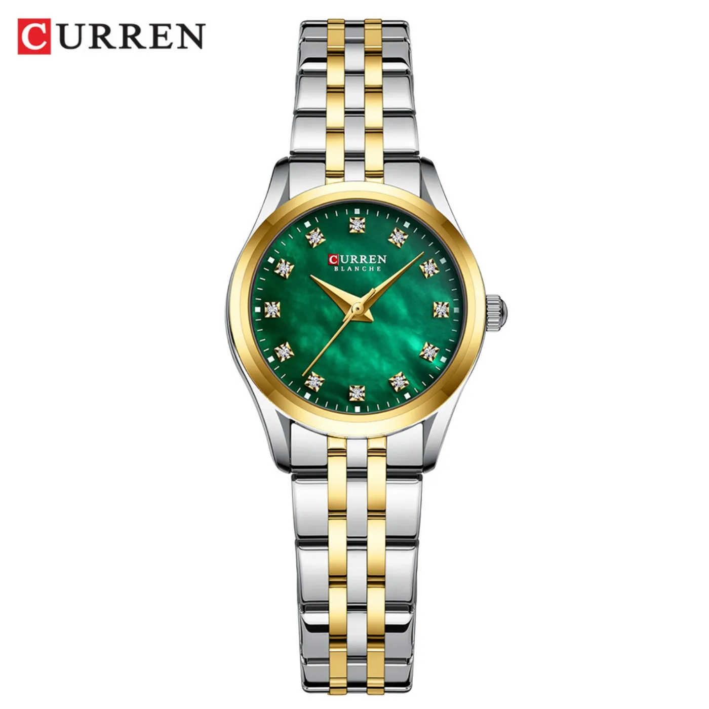CURREN Ladies Watch with Two-Tone Stainless Steel Bracelet 28mm Dial with Rhinestones Markers Shimmering Shell Dial Elegant Idea