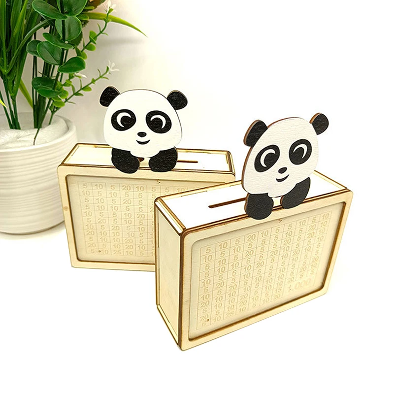 Reusable Cartoon Panda Money Saving Box Wooden With Goals Counter Money Storage Bank
