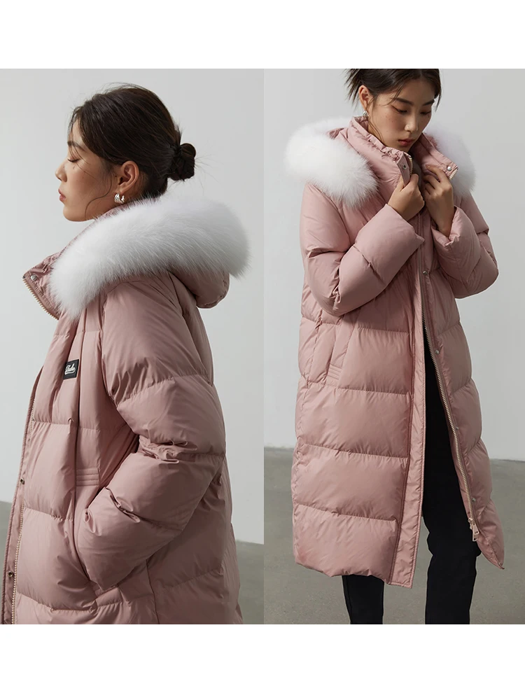 DUSHU 147.6-188.4G Filling Capacity Straight Hooded Big Fur Collar White Duck Down Jacket Women 2022 Winter New Down Coats