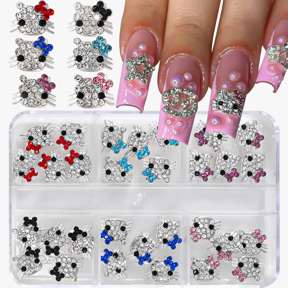 30pcs/Box Hello Kitty Nail Charms 3D Cute Cartoon HelloKitty Rhinestone Crystal Nail Accessories For Women DIY Luxury Nail Decor