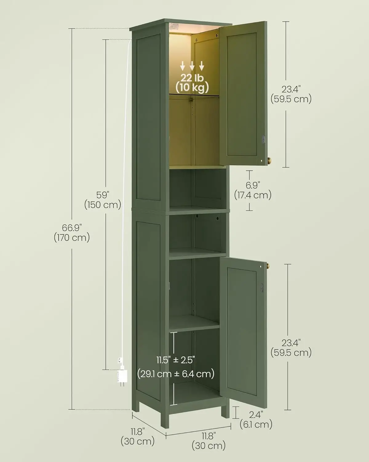 Armario de baño con luces, gabinete delgado de almacenamiento de baño, gabinete estrecho independiente con estantes ajustables, f