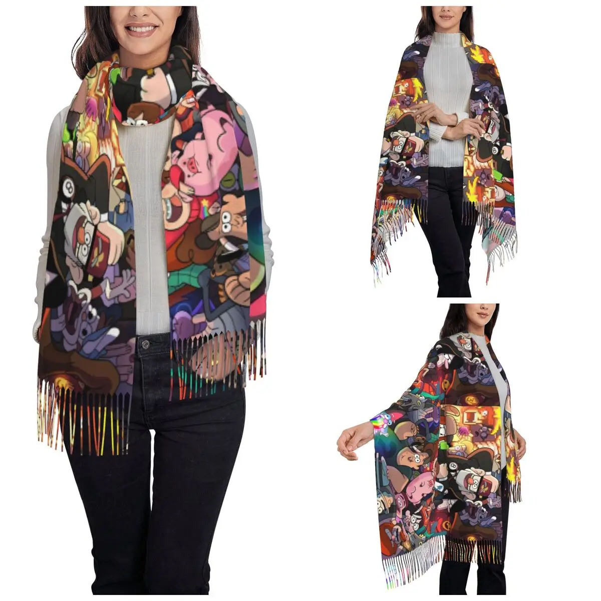 Women's Scarf with Tassel Gravity Falls All Characters Large Winter Fall Shawl and Wrap Cartoon Anime Daily Wear Cashmere Scarf