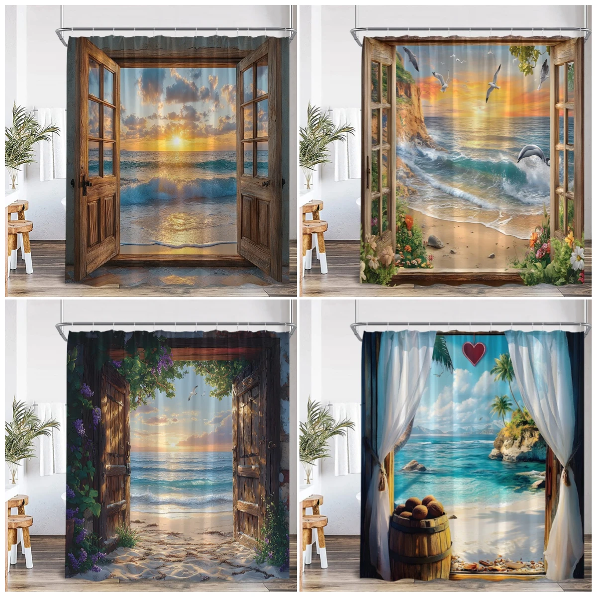 Crepuscolo Vista sull'oceano Tende da doccia Finestra marrone Porta in legno Spiaggia Onde marine Paesaggio Tessuto Decorazione per tende da bagno per la casa con ganci
