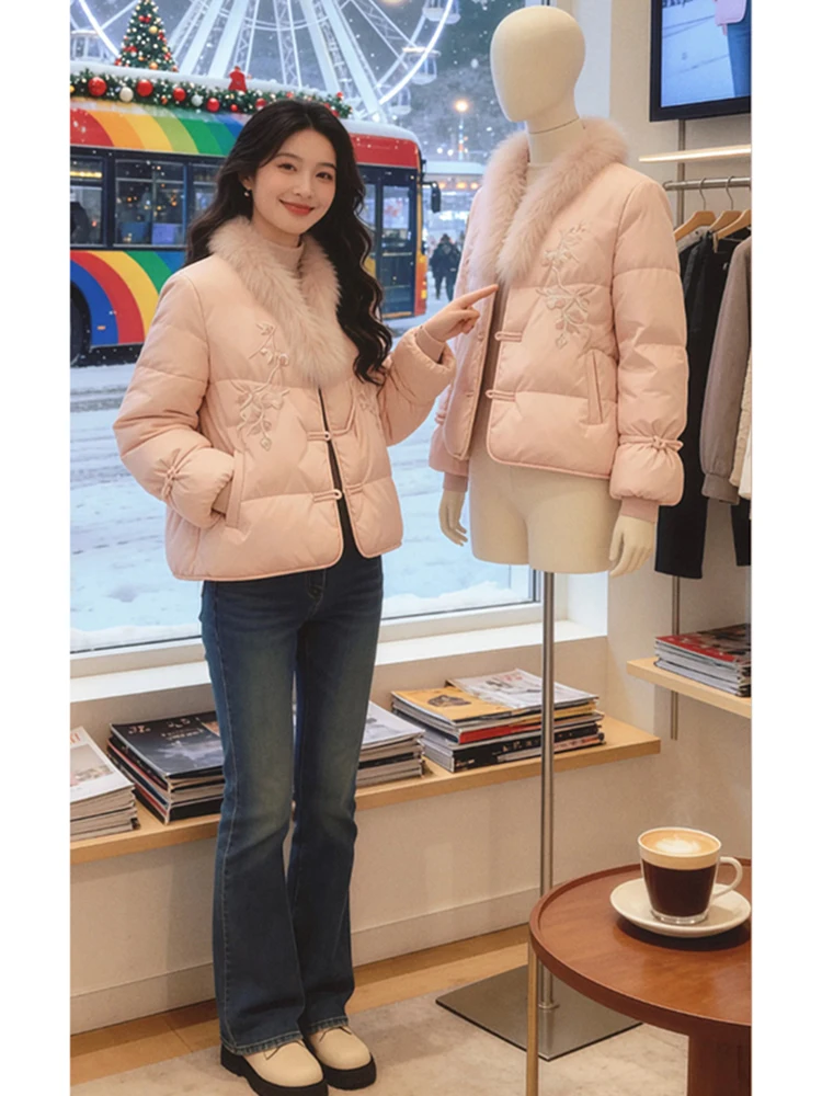 

Ele Chinese Sle Women's Cotton Jaet with Button And Fur Trim Winter Thiened Faionable Unique Small Cotton Coat