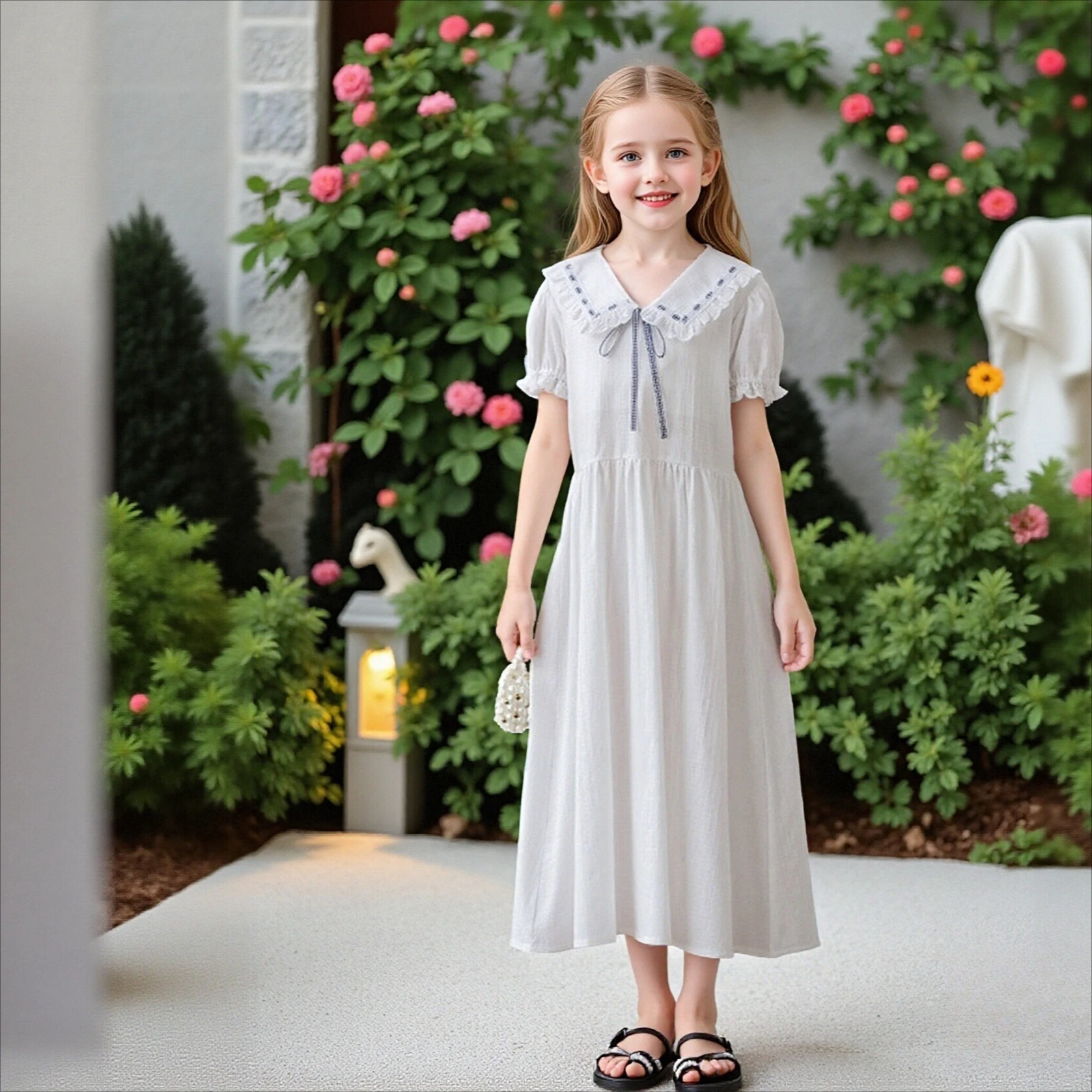

School Girls Elegant White Dress 100% Cotton Ruffle Collar Puff Sleeve Bow Tie Holiday Princess Dress Children Party Daily Wear
