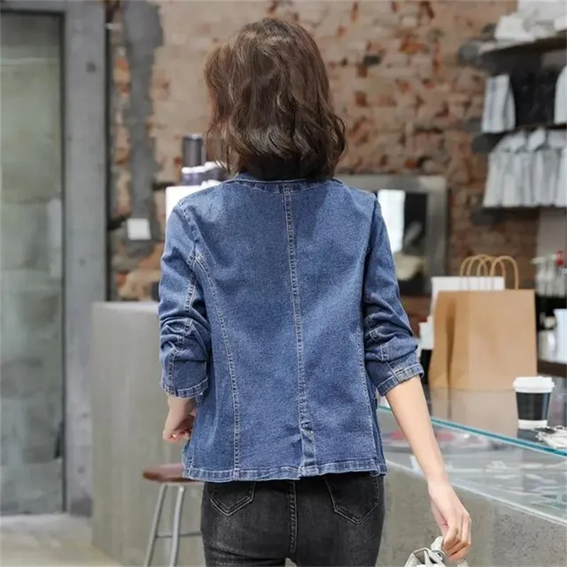 Spring Autumn New Vintage Suit collar Denim Jacket Women Pocket Jean Outwear Female Slim One Button Long Sleeve Cowboy Coat T415