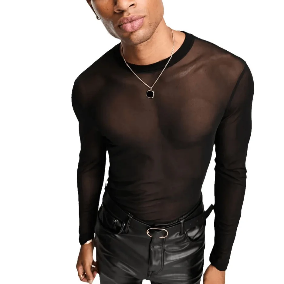 Long Sleeved Drop Shoulder Perspective Tshirt for Men Sexy Nightclub Wear Fitness Breathable Mesh Bottom Shirt Performance Wear