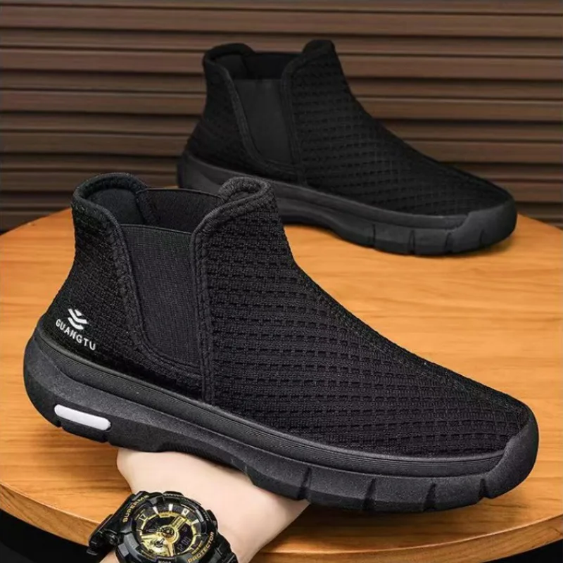 Mocassins de malha respirável masculino, tênis de sola grossa, sapato masculino, casual slip-on, botas finas, sapato para caminhada ao ar livre, monocromático, moda