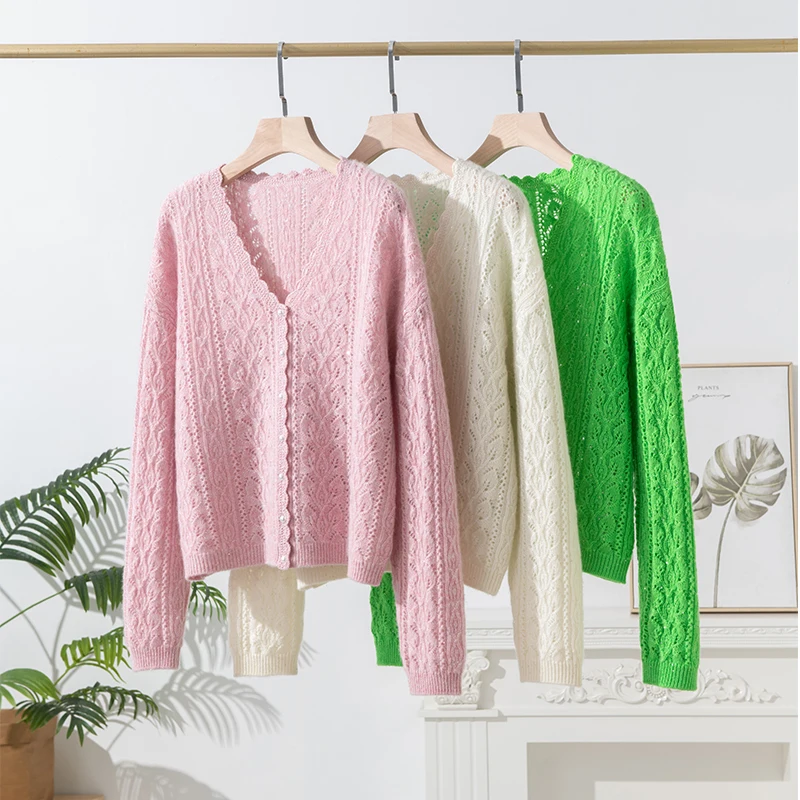 

High End V Neck 100% Goat Cashmere Knitted Cardigan Women Luxury Hollow Out Single Breasted Knitwear Mixed Bead Yarn