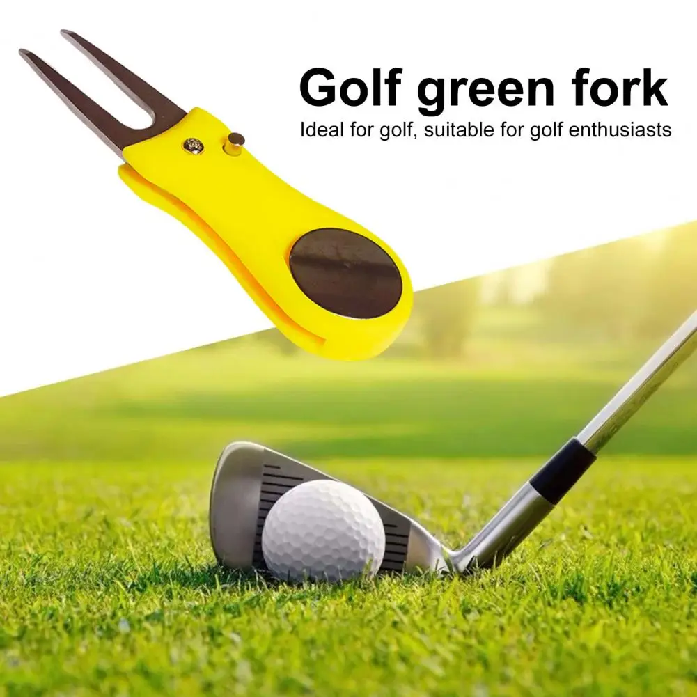 Golf Green Fork Foldable Golf Pitchfork Sturdy Stainless Steel Golf Divot Tool with Magnetic Ball Marker Foldable for Golfers