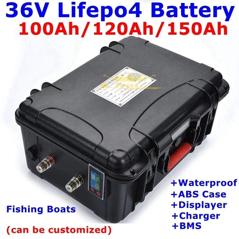 

Waterproof 36V 150Ah 100Ah 120Ah LiFepo4 lithium battery pack with BMS for fishing boats solar system motor EV RV+10A charger