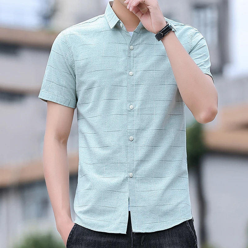 Summer Business Cotton Man Short Sleeve Khaki Blue Green Button-down Collar T Shirt Plaid Printed Fit Male Social Casual  Shirts