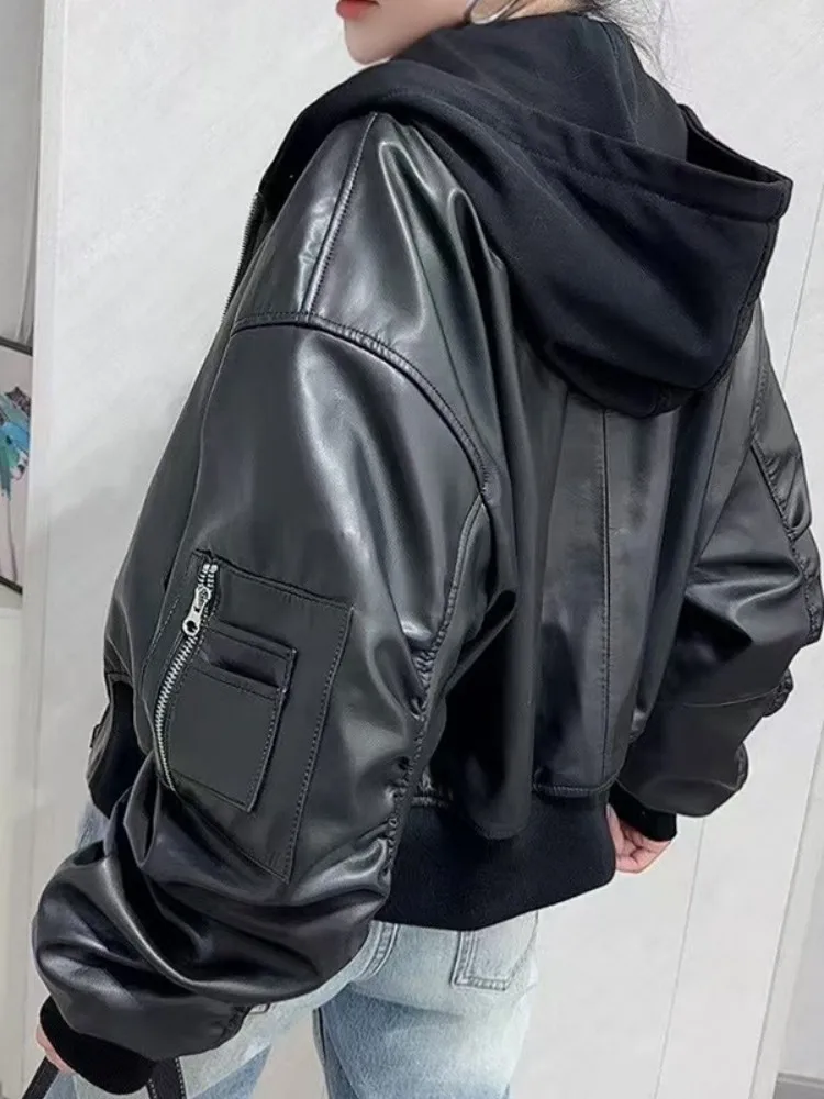 Chaqueta de Mujer de Cuero Genuino con Capucha, Reversible, de Piel de Oveja Real, Chaquetas Cortas con Cremallera, Estilo Coreano, Informal, Holgada, Abrigo Negro