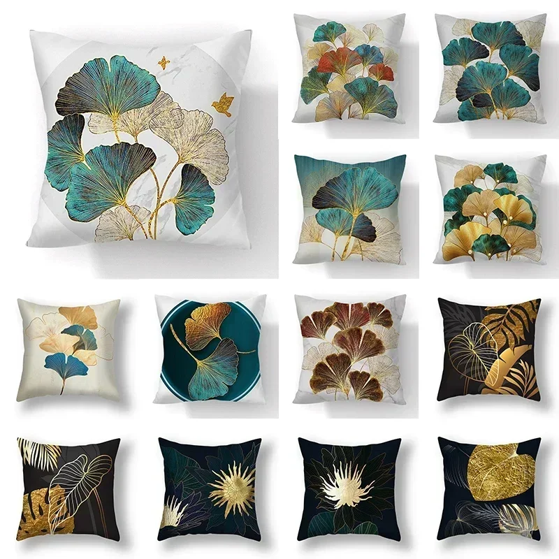 35/40/45CM Ginkgo Biloba Polyester Cushion Cover Waist Pillow Case Black Golden Leaves  Living Room Chair Sofa Home Decoration