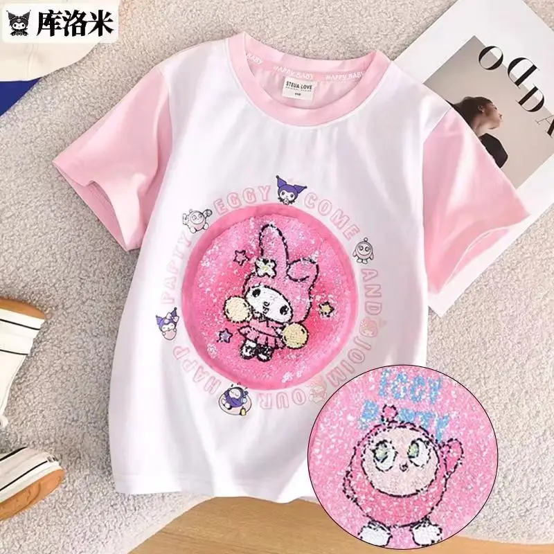 Kawai Anime Sanrios Kuromi Cartoon Short-Sleeved Cinnamoroll Kids Cotton T-Shirt Loose Versatile Tops Casual Summer Kids Clothes