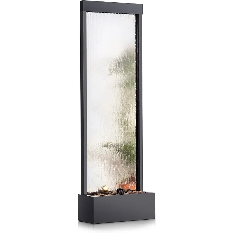 Mirror Waterfall Fountain with Stones and Lights - Zen Indoor/Outdoor Decor for Office, Living Room, Patio