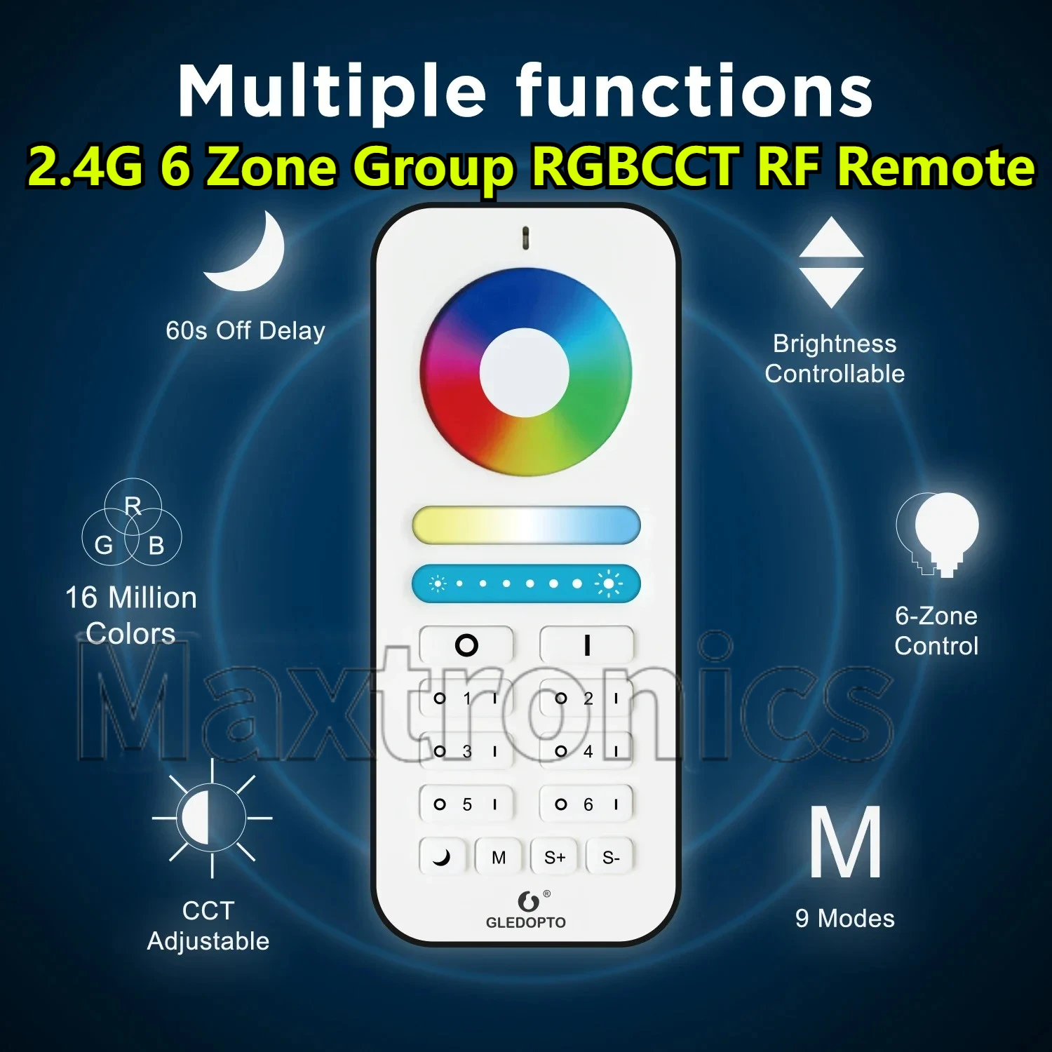 GLEDOPTO 2.4G 6 Zone Group RGBCCT RF Remote GL-RC-006Z Control Smart Home Work with Pro Series RGBCCT LED Bulb Light Controller