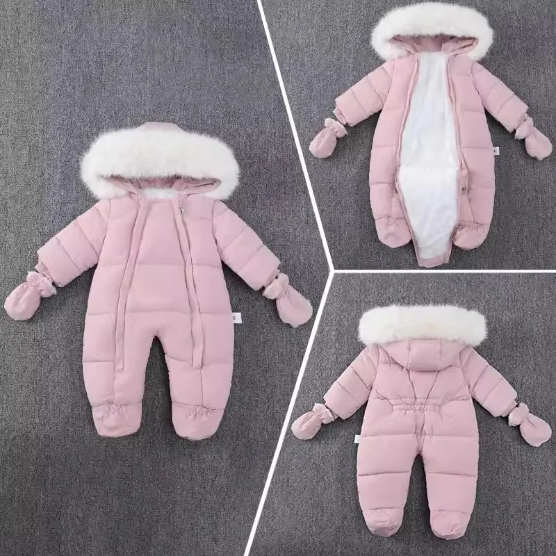 Bellbell Winter Newborn Girl Rompers Kids Girls Thicken Warm One-piece Jumpsuit Faux Fur Hooded Plush Infant Baby Girls Bodysuit