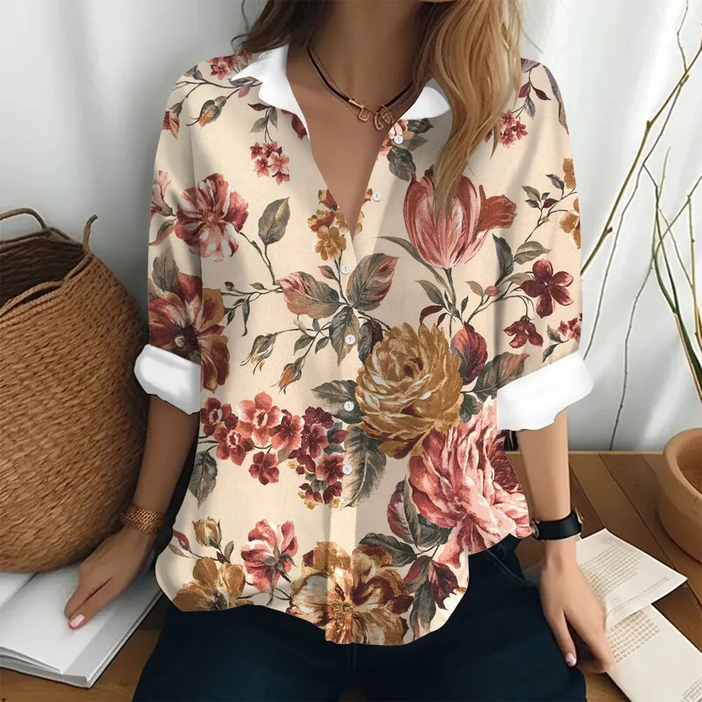 Autumn Women's Shirt Fashion Loose Top Flower Pattern Clothing Long Sleeved Button Coat Flip Collar Elegant Women's Shirt