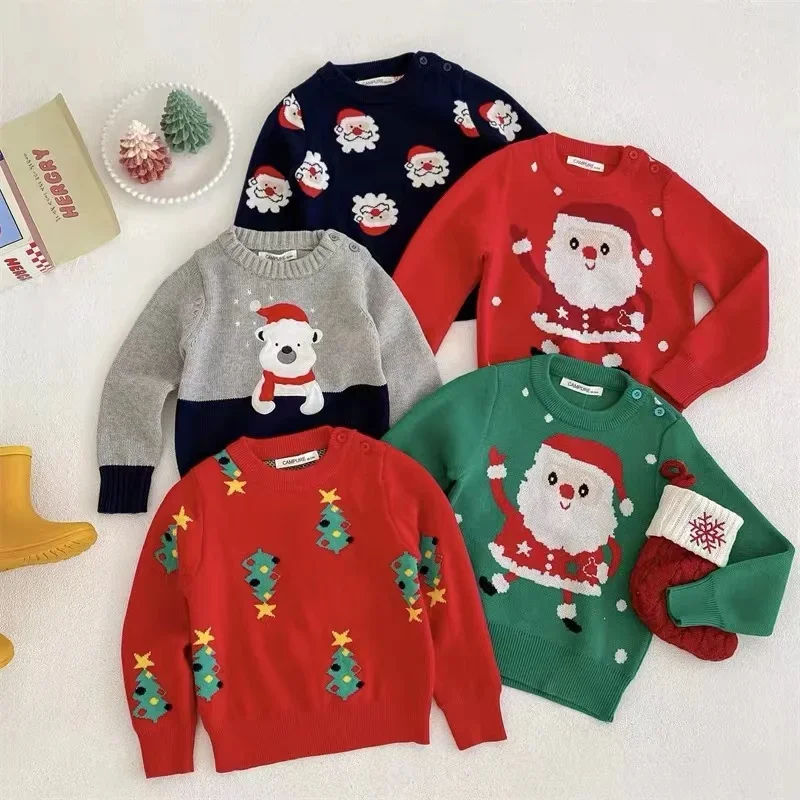 

Boys Girl Xmas Tree Pullovers Clothes Christmas Kids Sweater Casual Baby Warm Santa Claus Printed Pullover Knitted Girls Sweater