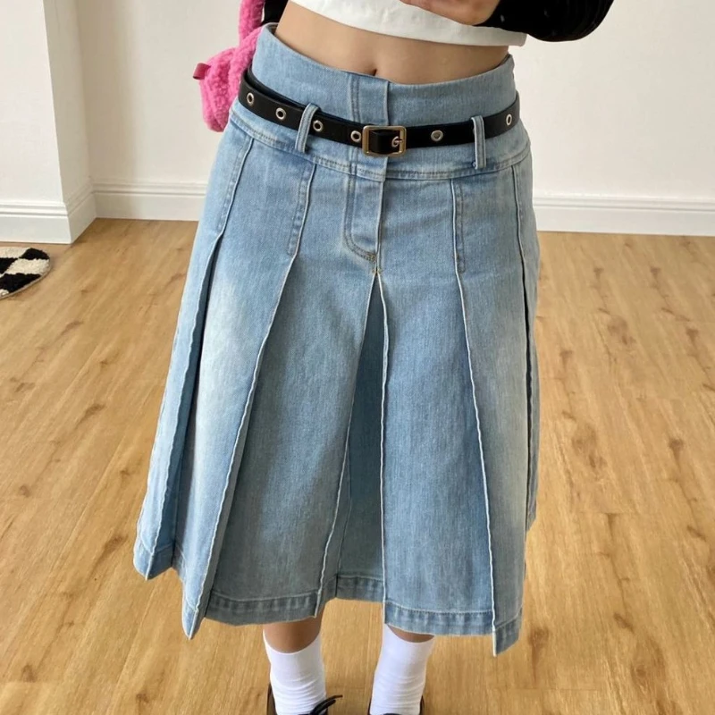 American Vintage Women\'s Denim Mid-lenth Skirts Summer New Y2K Gothic High Waist A-line Pleated Skirt Harajuku Girls Streetwear