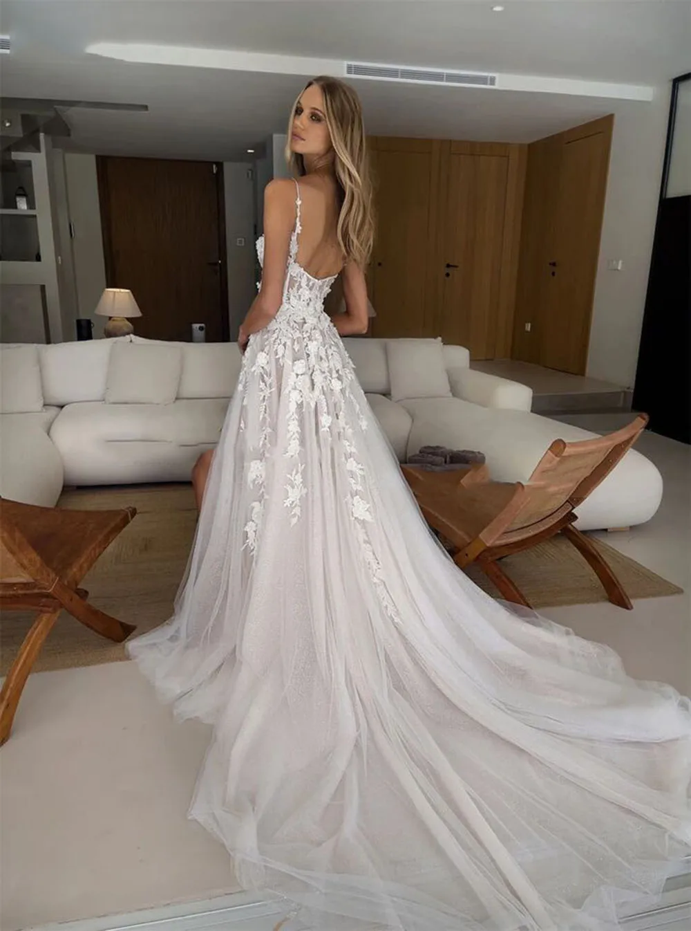 Boho Wedding Dresses Lace 3D Flowers Beach Italian Strap Applique Bridal Dress 2024 Sexy Side Split Bride Wedding Gowns