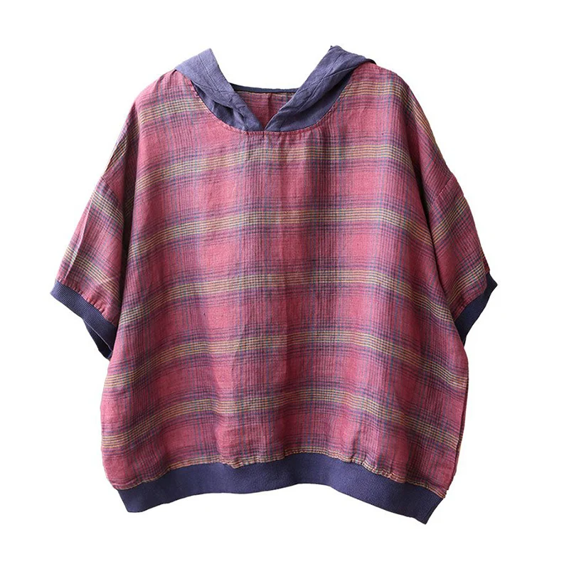 Summer Ethnic Style Vintage Plaid Printing Loose Casual Fashion Hooded T-shirt Women's Short Sleeve Pullover Top Female Clothes