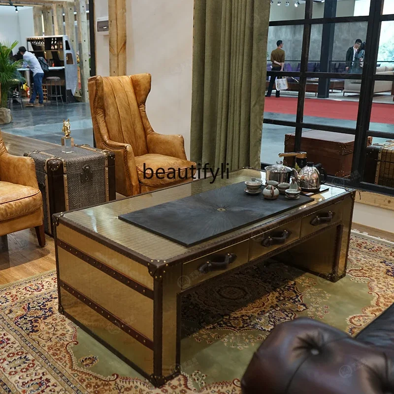

H5556 American leather coffee table leather box hotel KTV retro furniture high-end villa square European coffee table combinatio