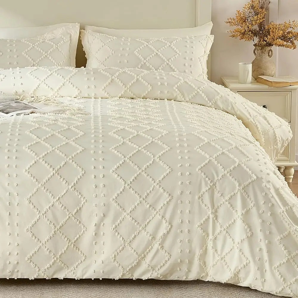 

Комплект из 5 предметов: пододеяльник в стиле бохо размера King Size, кремовый, с декоративной строчкой, на молнии и завязках, без одеяла, текстурированное постельное белье в стиле шебби-шик