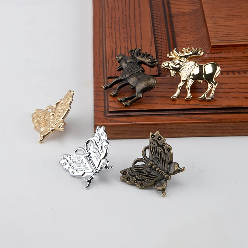 WV Vintage-Style Cartoon Animal Gold Deer Handle Drawer Pull Simple Rustic Furniture Decor Antique Green Butterfly Single-Hook