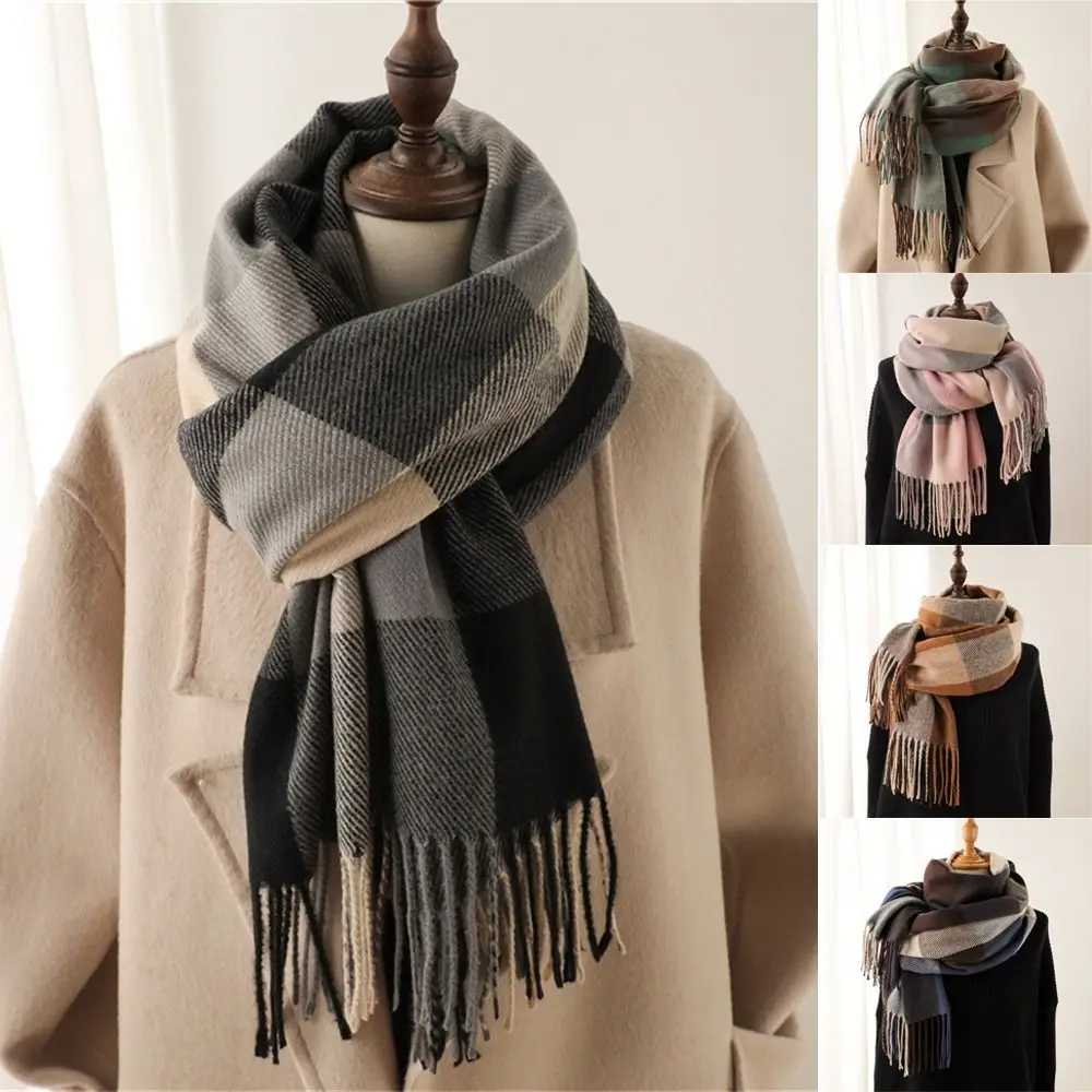 Fashion Winter Warm Tassel Plaid Scarfs Solid Cashmere Imitation Shawl Wrap Nordic Style Neckerchief for Women