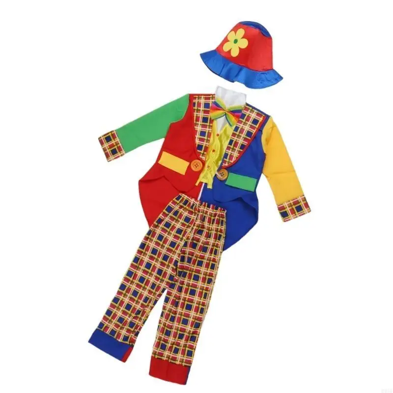 Disfraz payaso Halloween B95F con abrigo, pantalones, zapatos payaso, sombrero payaso