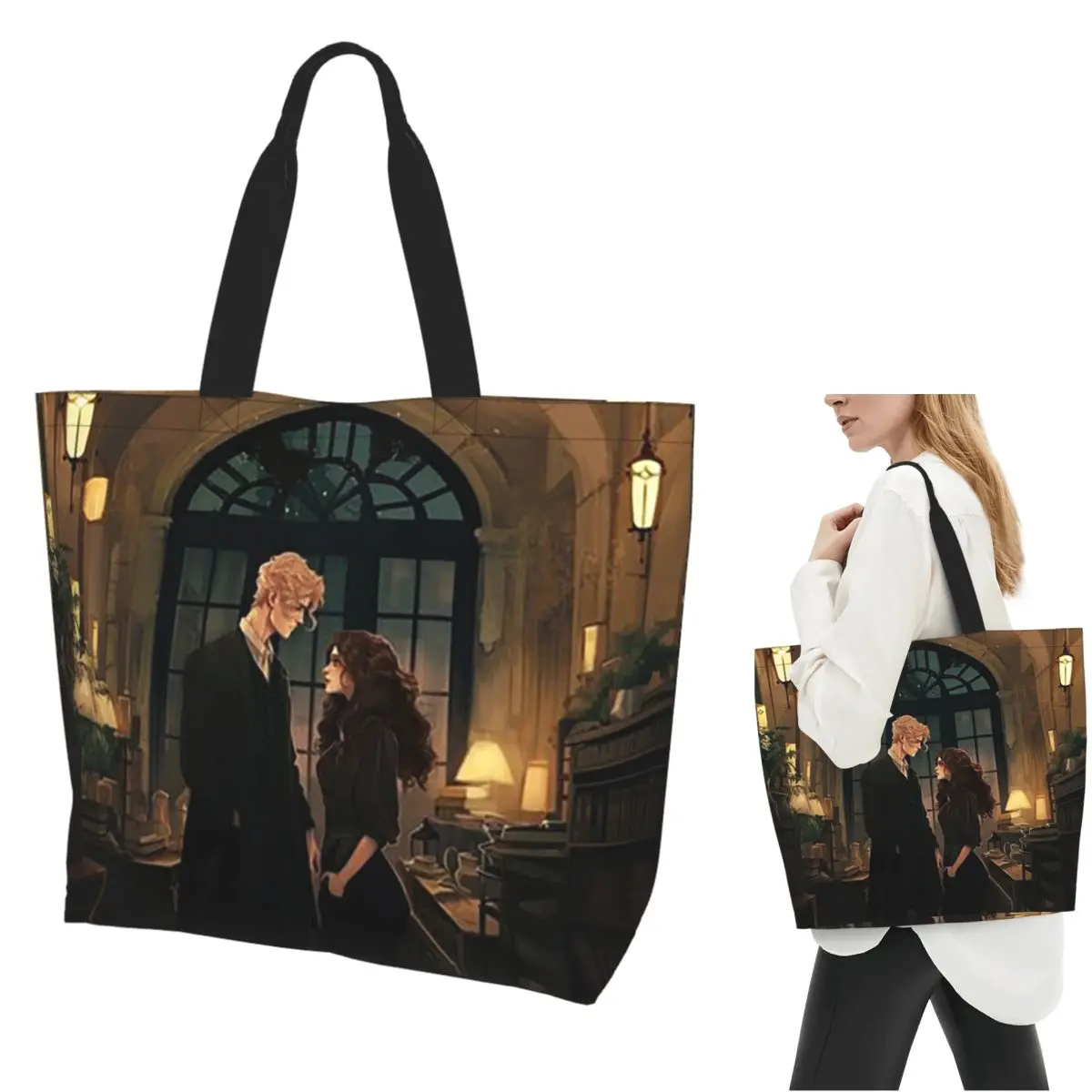 Dramione At The Library Shopping Tote Bag Canvas Large Capacity Shoulder Bags Shopper Grocery Handbag for Women