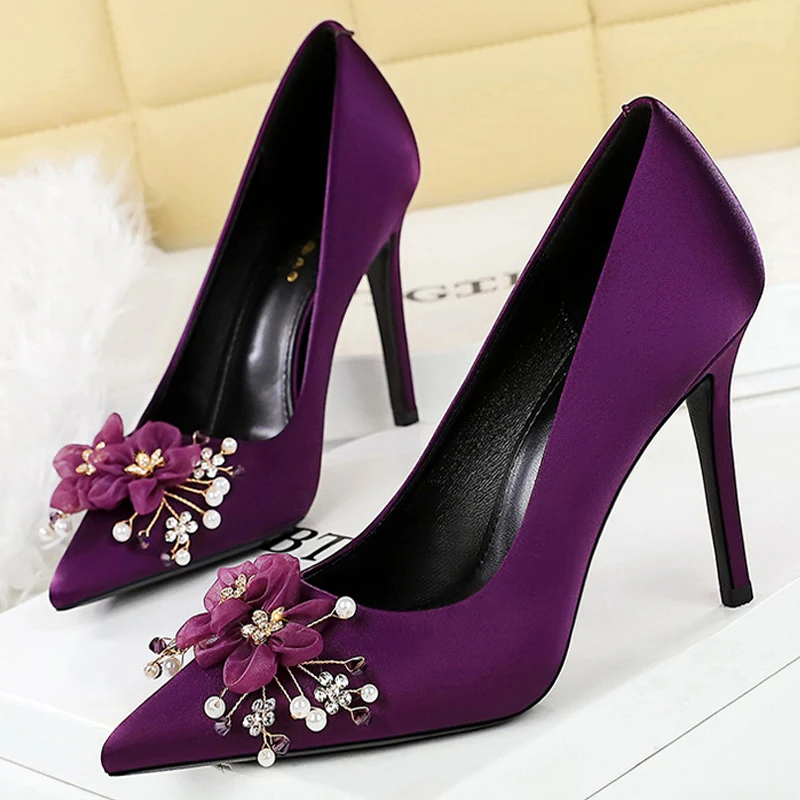 

BIGTREE Shoes Flower bead Design Women Pumps Silks Satins High Heels Luxury banquet shoes Stiletto Heels 10 cm Ladies shoes 2026
