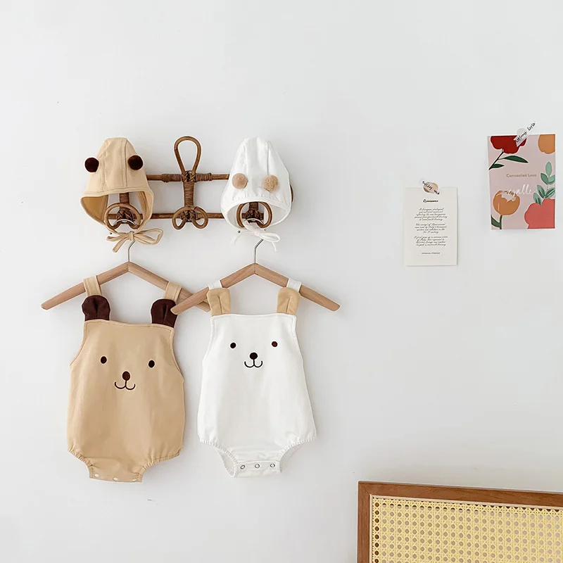 Summer Baby pagliaccetto cappello Set 2 pezzi Sling tuta per ragazzo ragazza Cartoon Bear senza maniche body Toddler Infant Clothes corea Outfit