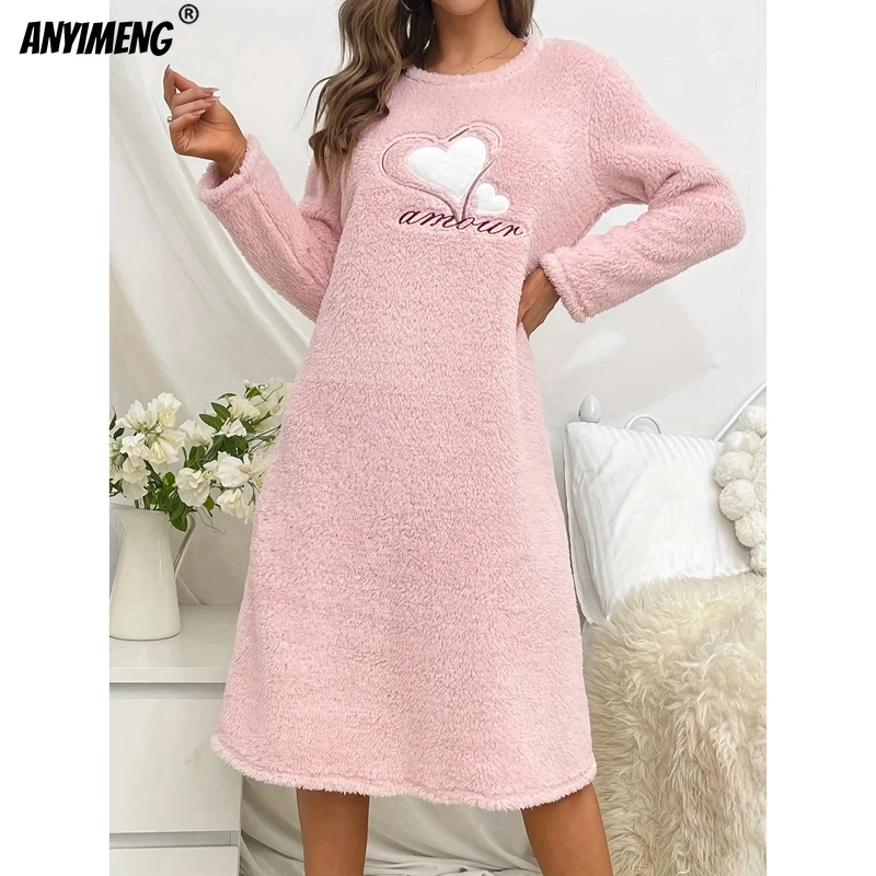 Winter Heart Print Flannel Nightgown for Women Long Sleeves Nightgowns Round Collar Woman Sleepshirt Pink Pajama Dress